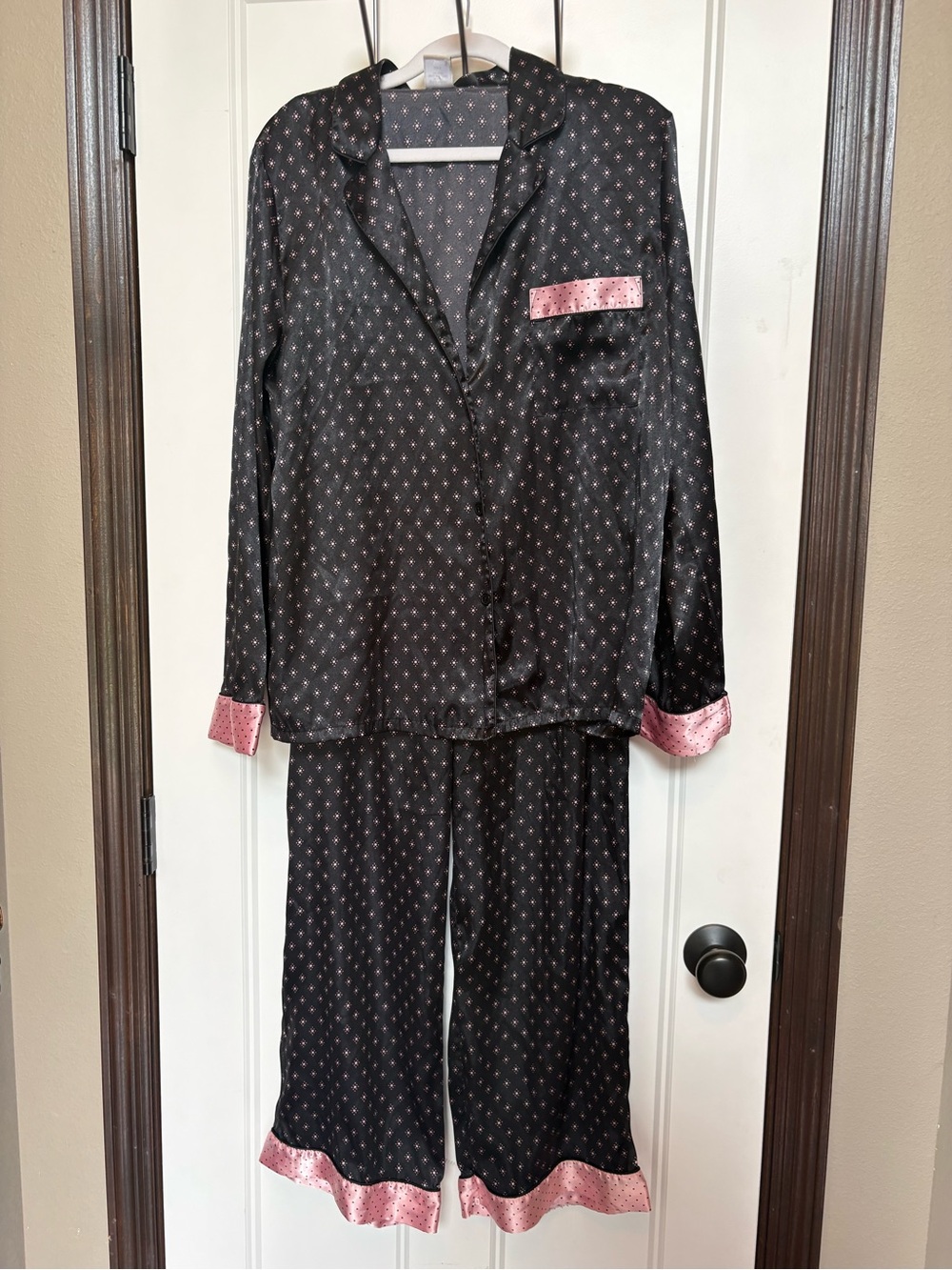 Satin Two-Piece Pajama Set in Black with Pink Trim